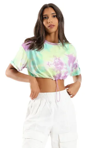 97252 Tie Dye Cotton T-Shirt With Drawstring Trim - Purple & Lime Green