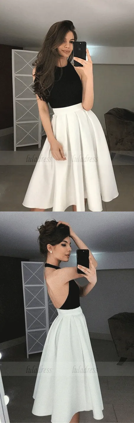 A-Line Halter Backless Tea-Length Ivory Homecoming Prom Dress,BD99705