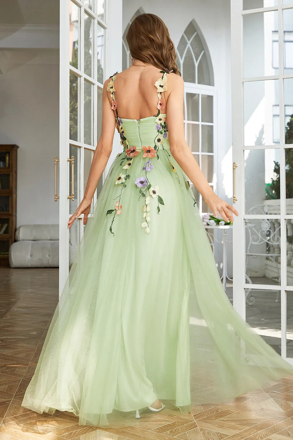 A Line Spaghetti Straps Green Prom Dress With 3D Flowers