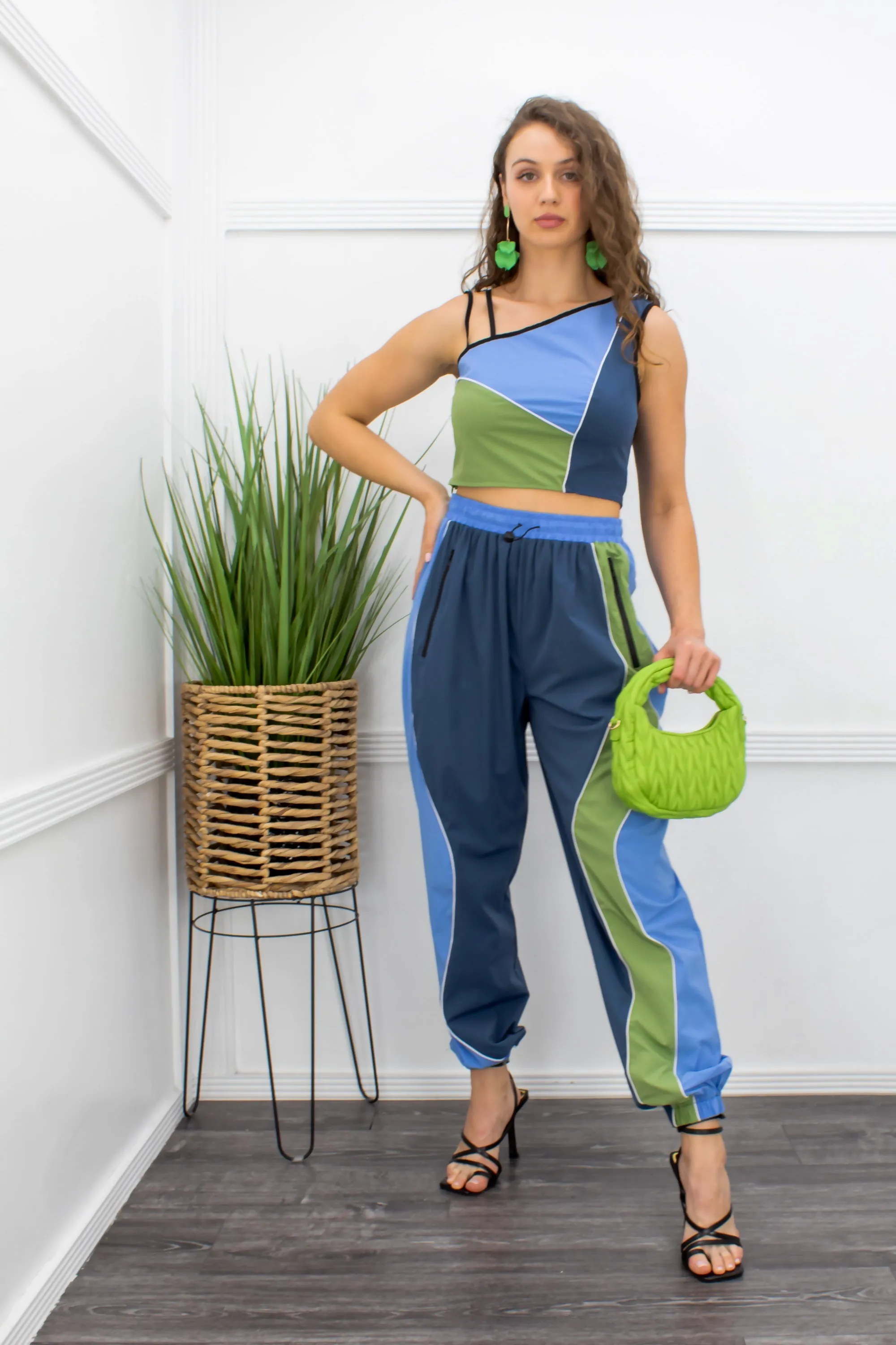 A X One Shoulder Crop Top Pant Set