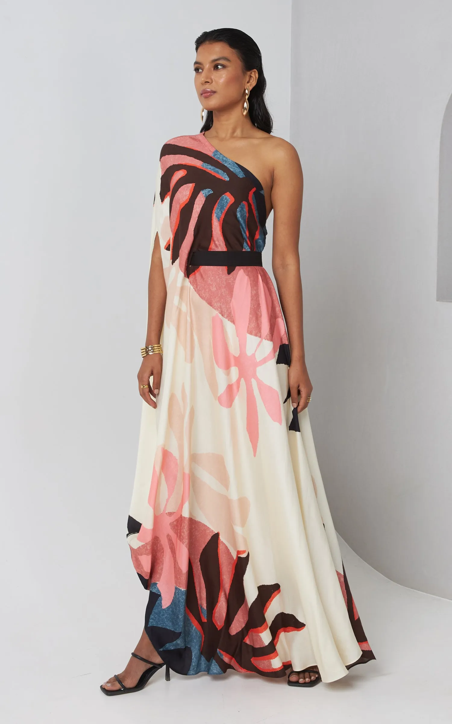 Abstract Printed One Shoulder Drape