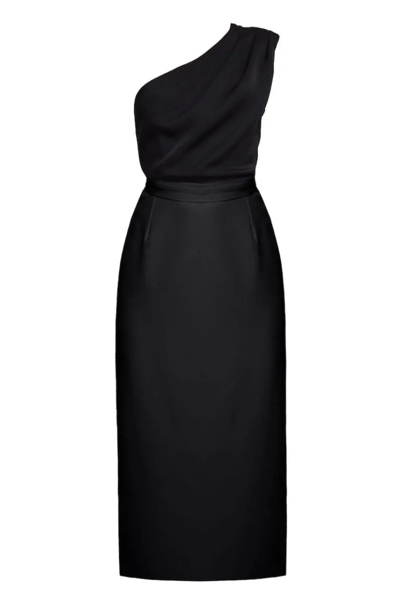 AISHA BLACK ONE-SHOULDER COCKTAIL MIDI DRESS