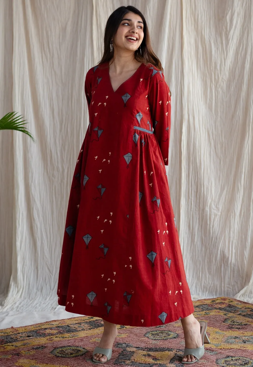 Amdavad Patang Ajrakh Red Cotton Hand Embroidered Dress