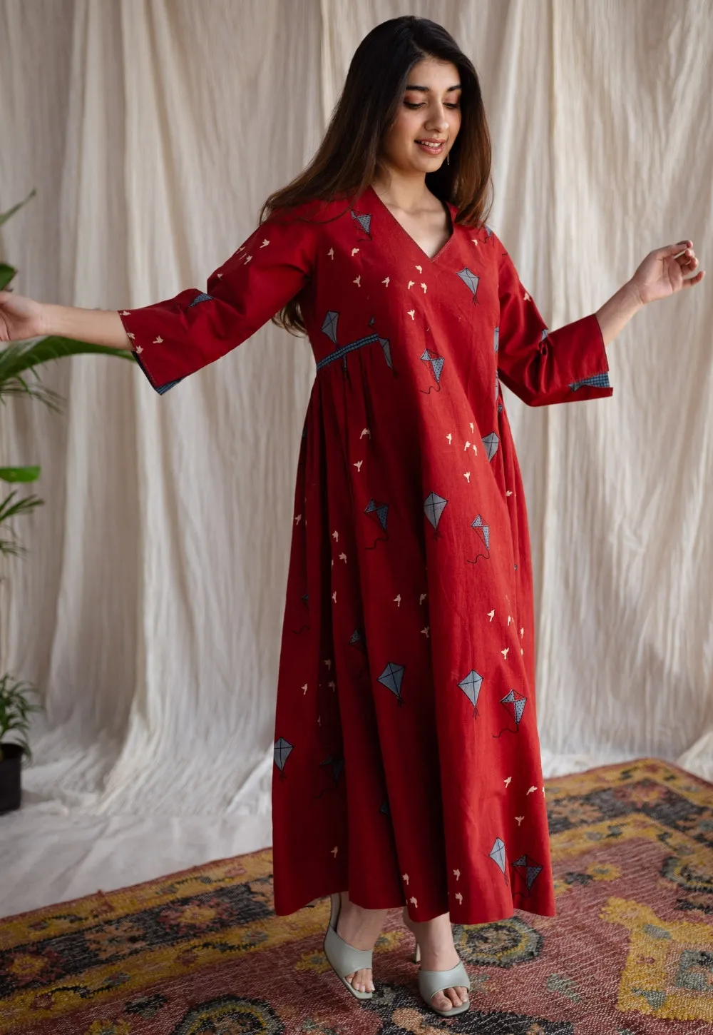 Amdavad Patang Ajrakh Red Cotton Hand Embroidered Dress