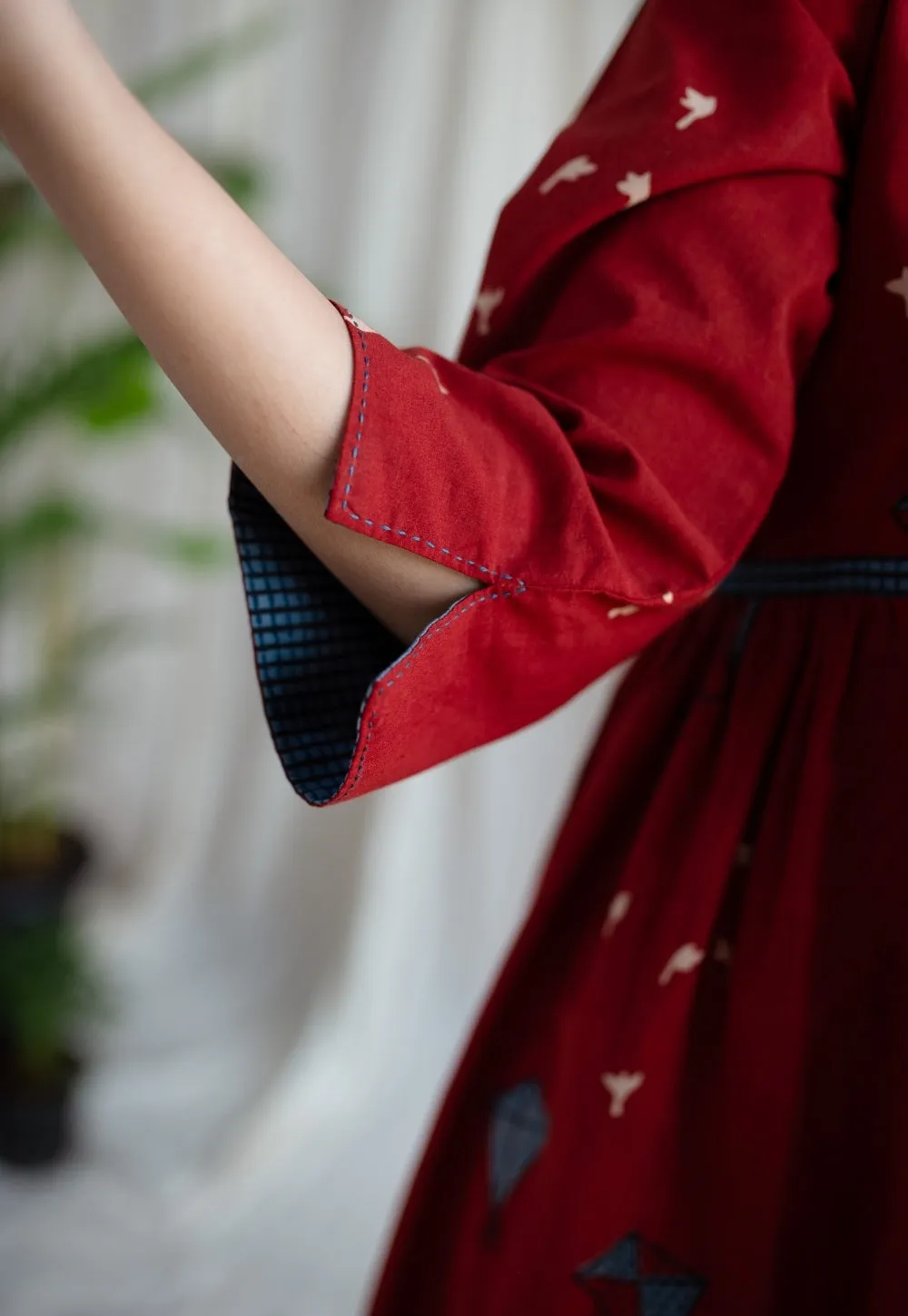 Amdavad Patang Ajrakh Red Cotton Hand Embroidered Dress