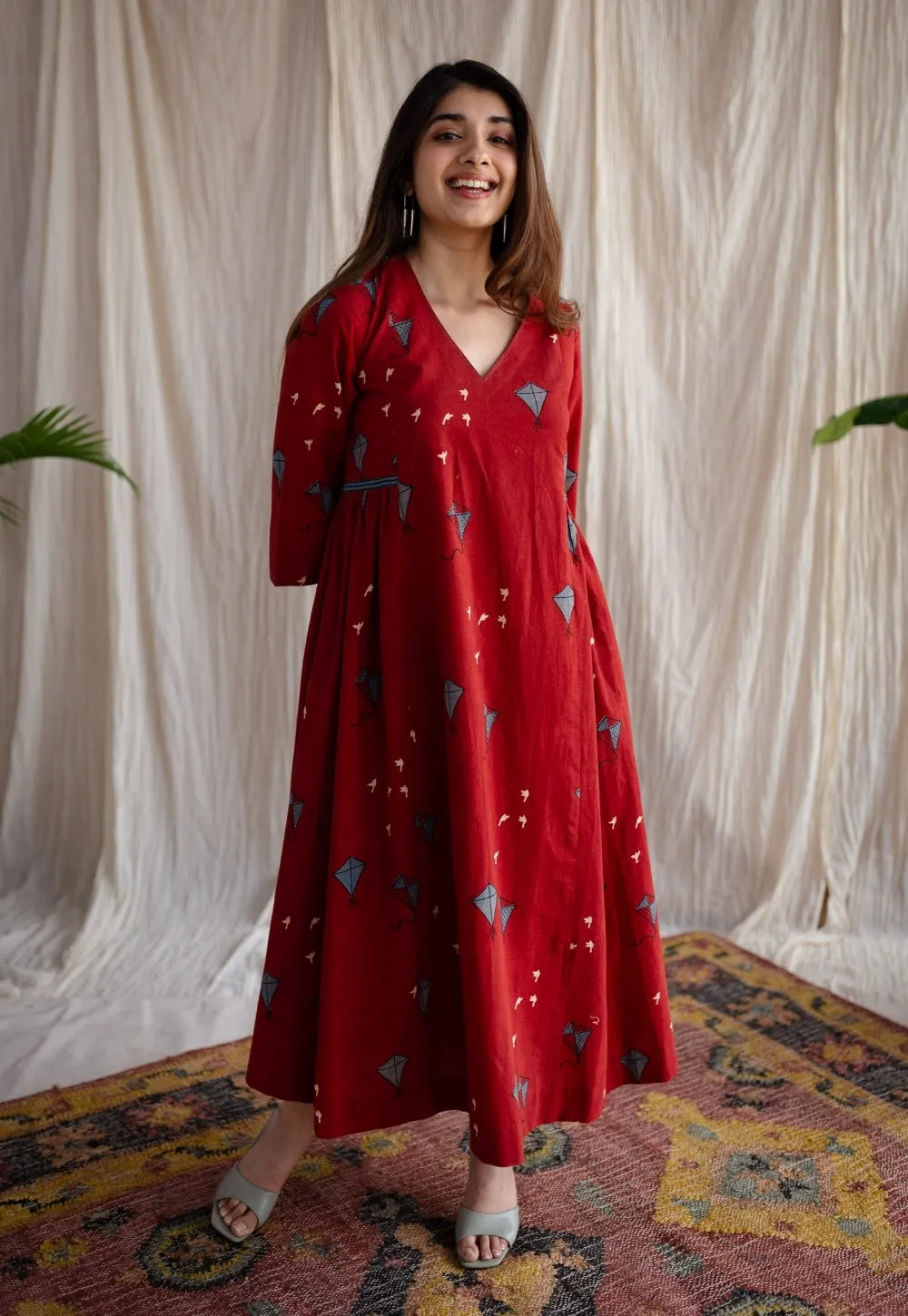 Amdavad Patang Ajrakh Red Cotton Hand Embroidered Dress