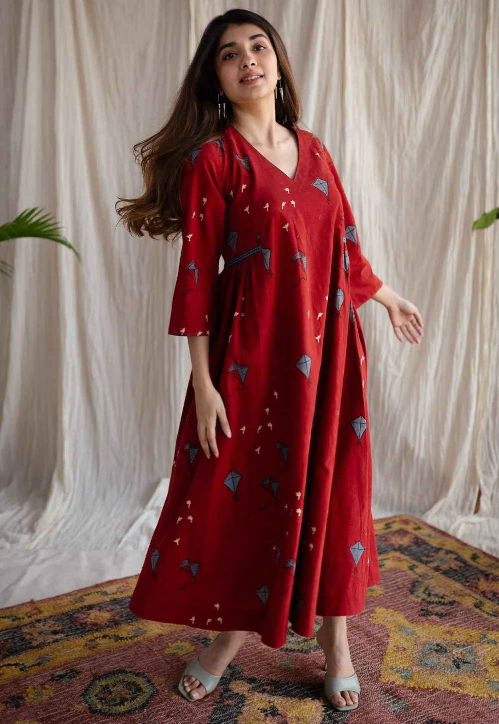 Amdavad Patang Ajrakh Red Cotton Hand Embroidered Dress