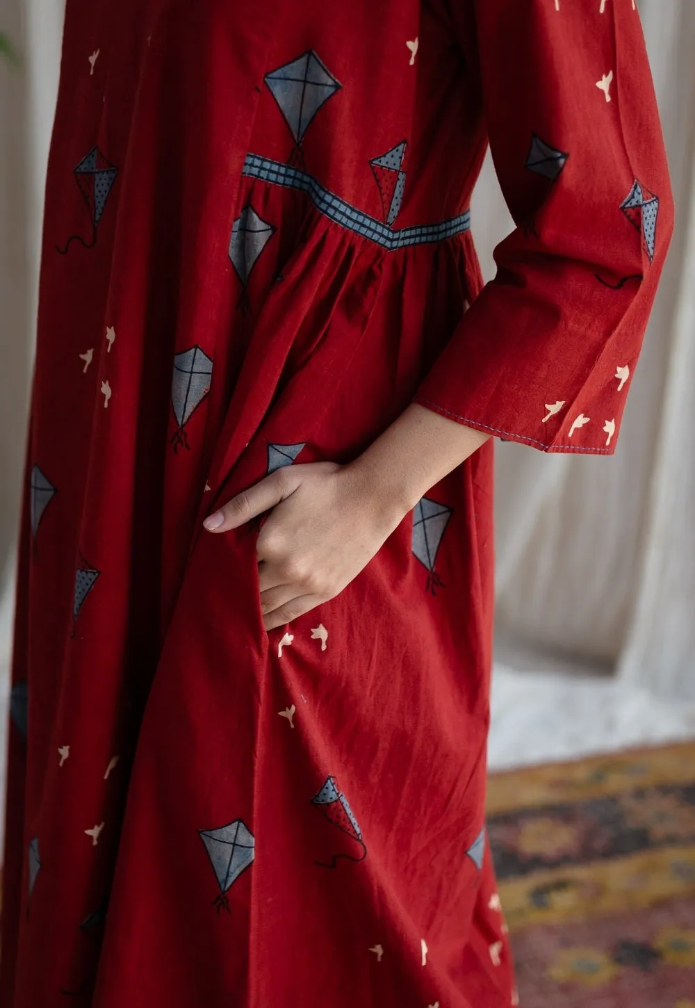 Amdavad Patang Ajrakh Red Cotton Hand Embroidered Dress