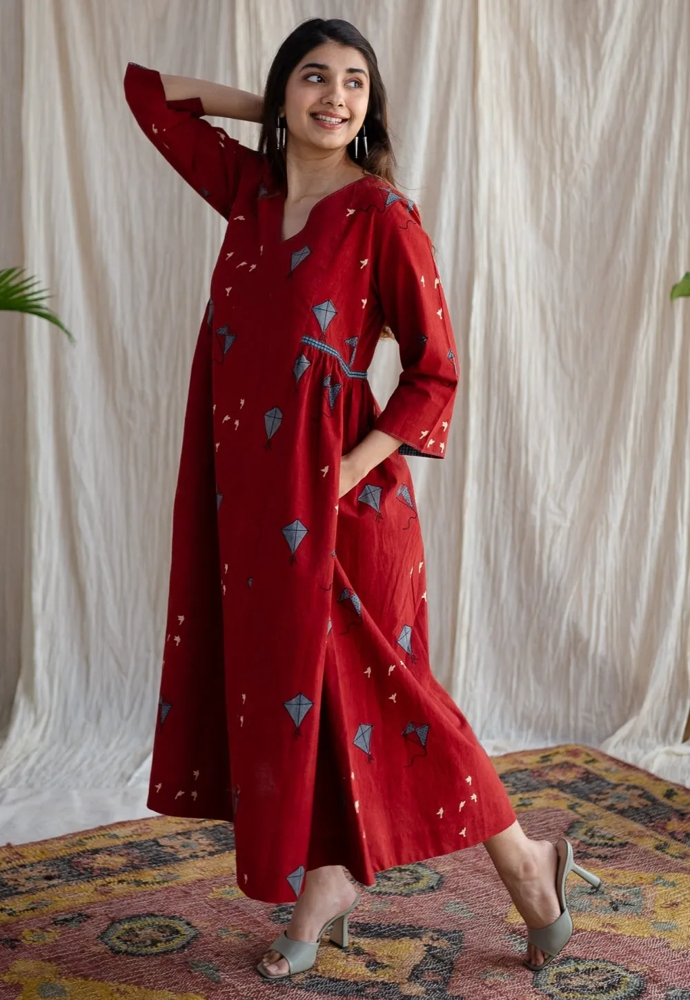 Amdavad Patang Ajrakh Red Cotton Hand Embroidered Dress