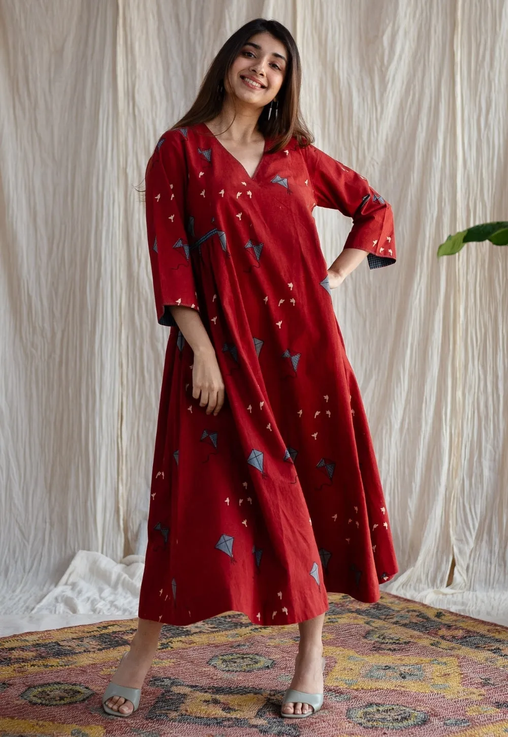 Amdavad Patang Ajrakh Red Cotton Hand Embroidered Dress