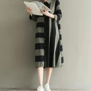 Artsy Turn Down Collar Long Sleeve Striped Loose Retro Shirt Dress