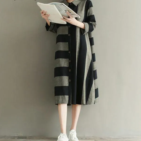 Artsy Turn Down Collar Long Sleeve Striped Loose Retro Shirt Dress