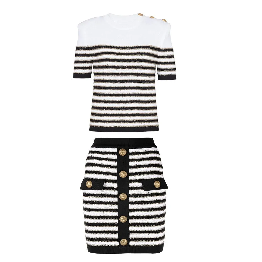 Ashore Boutique Lt Luxury Stylish O-neck Casual Short Sleeve Striped Gold Thread Knitted Sweater Skinny 2PCS Skirt Sets