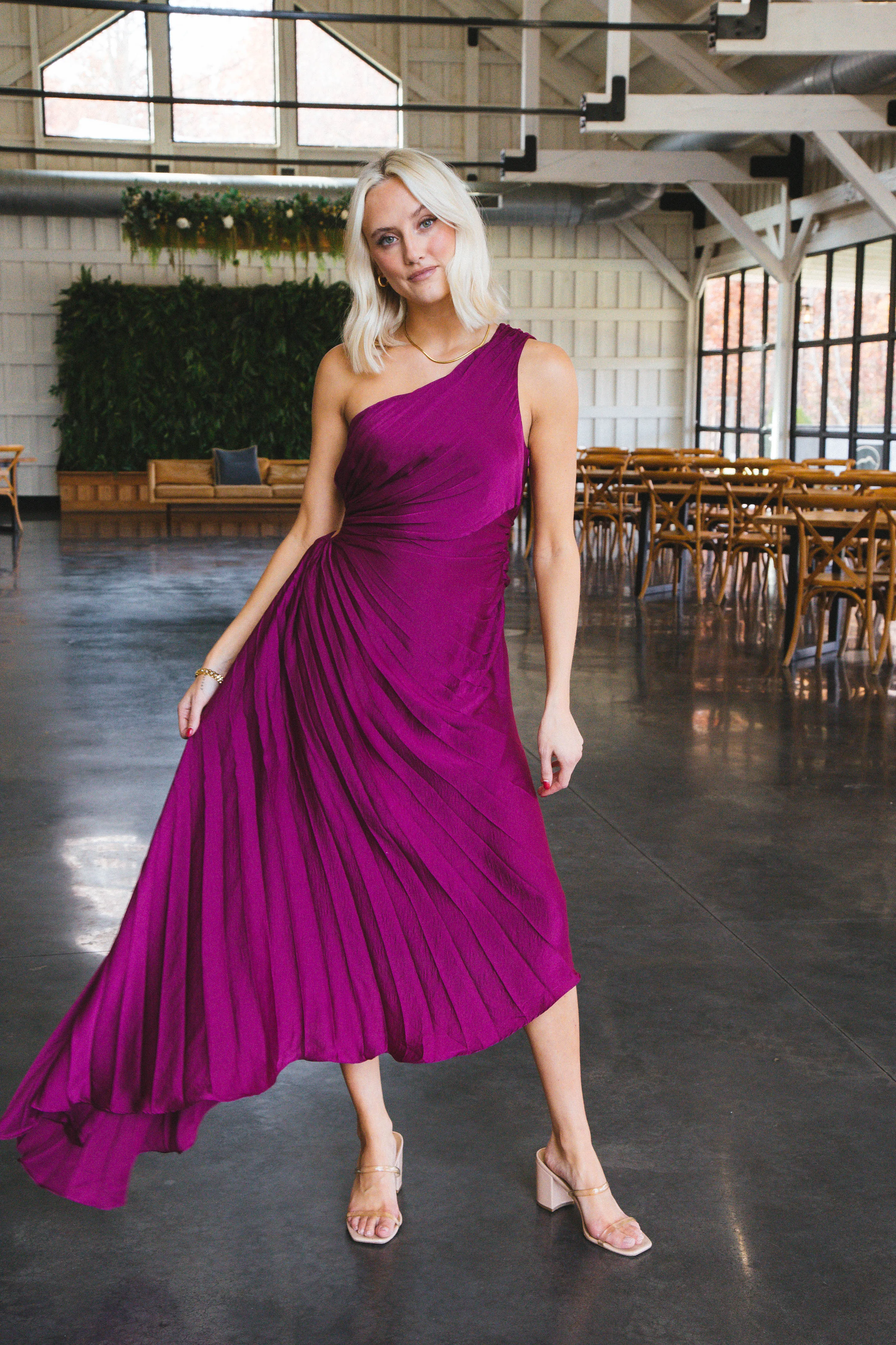 Aura One Shoulder Midi Dress, Magenta