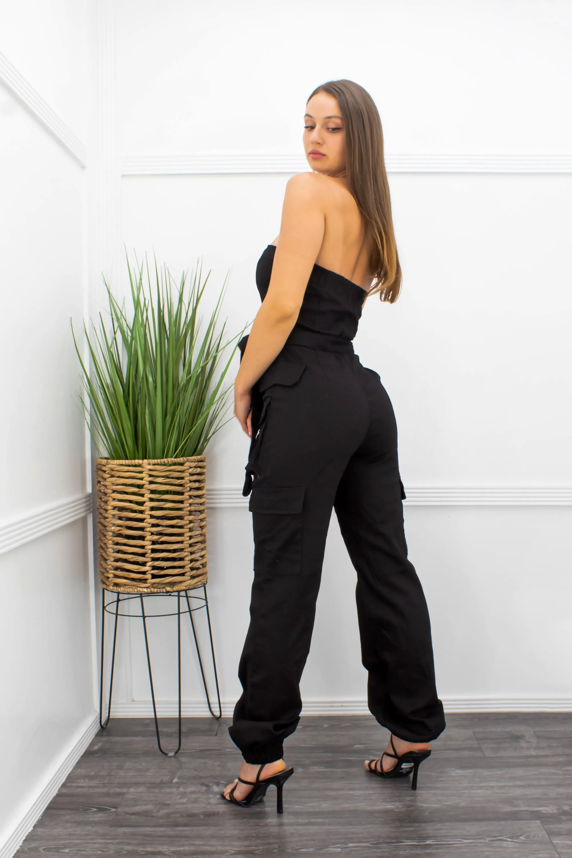 Black Strapless W Design Side Pocket Jumpsuit