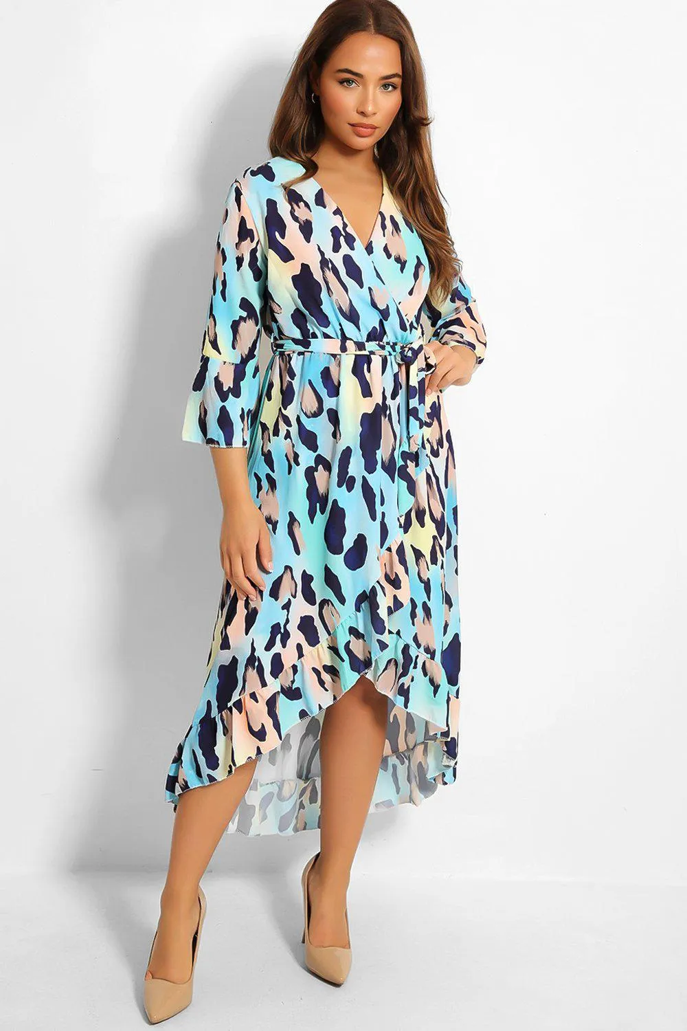 Blue Leopard Print Waist-Belt Wrap Front Dress