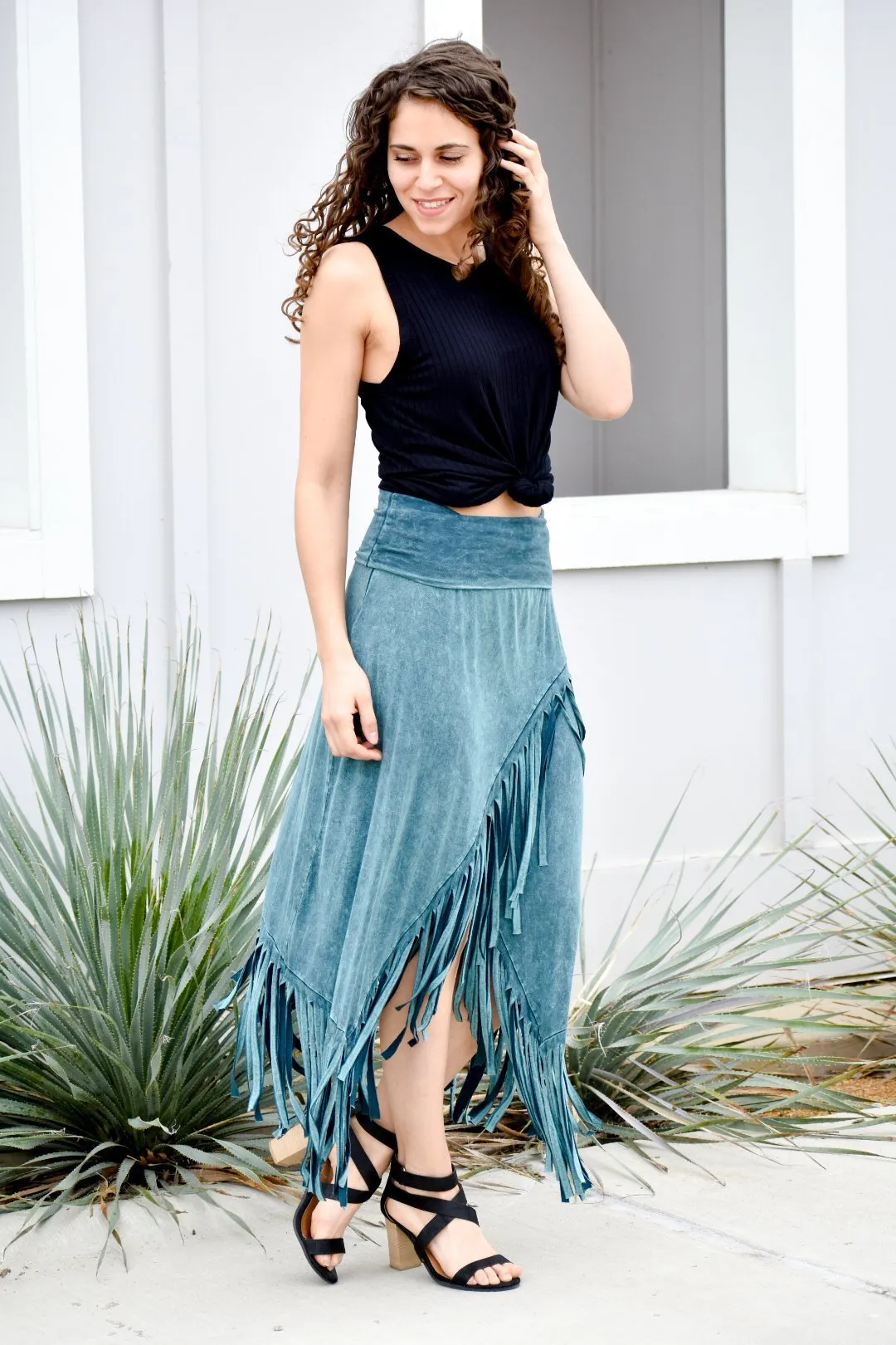 Breathing In The Dark Sage Fringed Midi Skirt