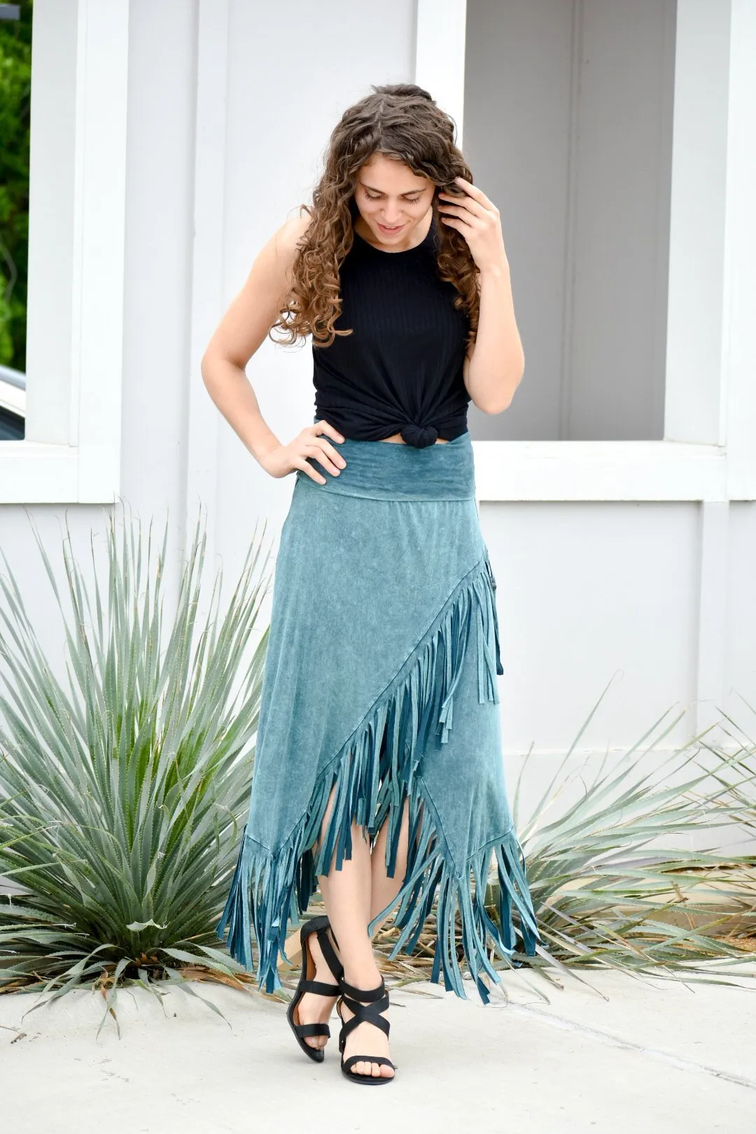 Breathing In The Dark Sage Fringed Midi Skirt