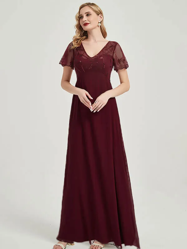 Burgundy Leaf Sequined V Neck Ruffle Sleeves Chiffon Evening Dress