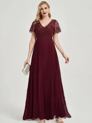 Burgundy Leaf Sequined V Neck Ruffle Sleeves Chiffon Evening Dress