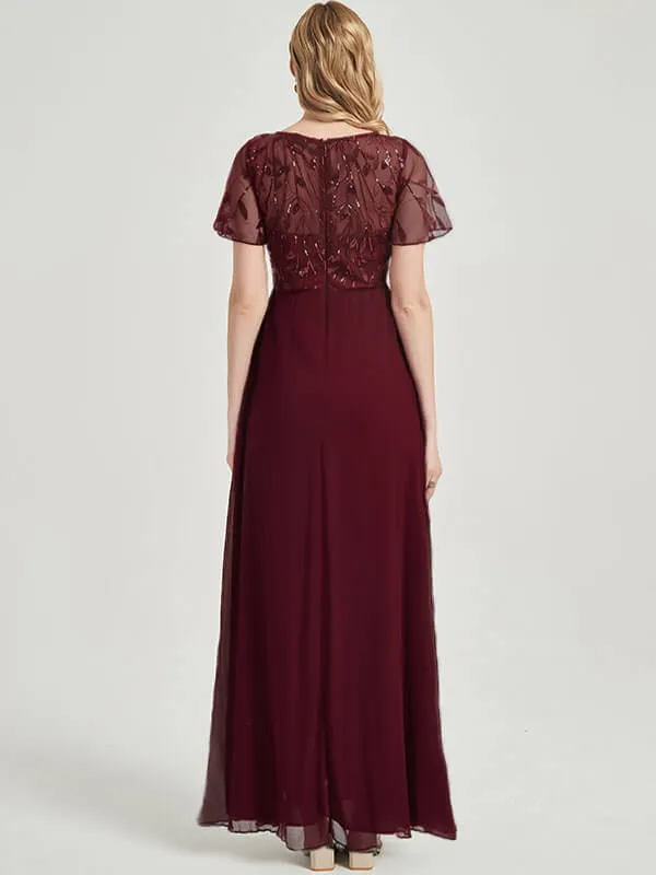 Burgundy Leaf Sequined V Neck Ruffle Sleeves Chiffon Evening Dress