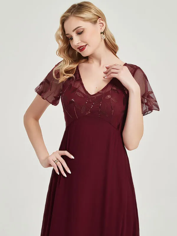 Burgundy Leaf Sequined V Neck Ruffle Sleeves Chiffon Evening Dress