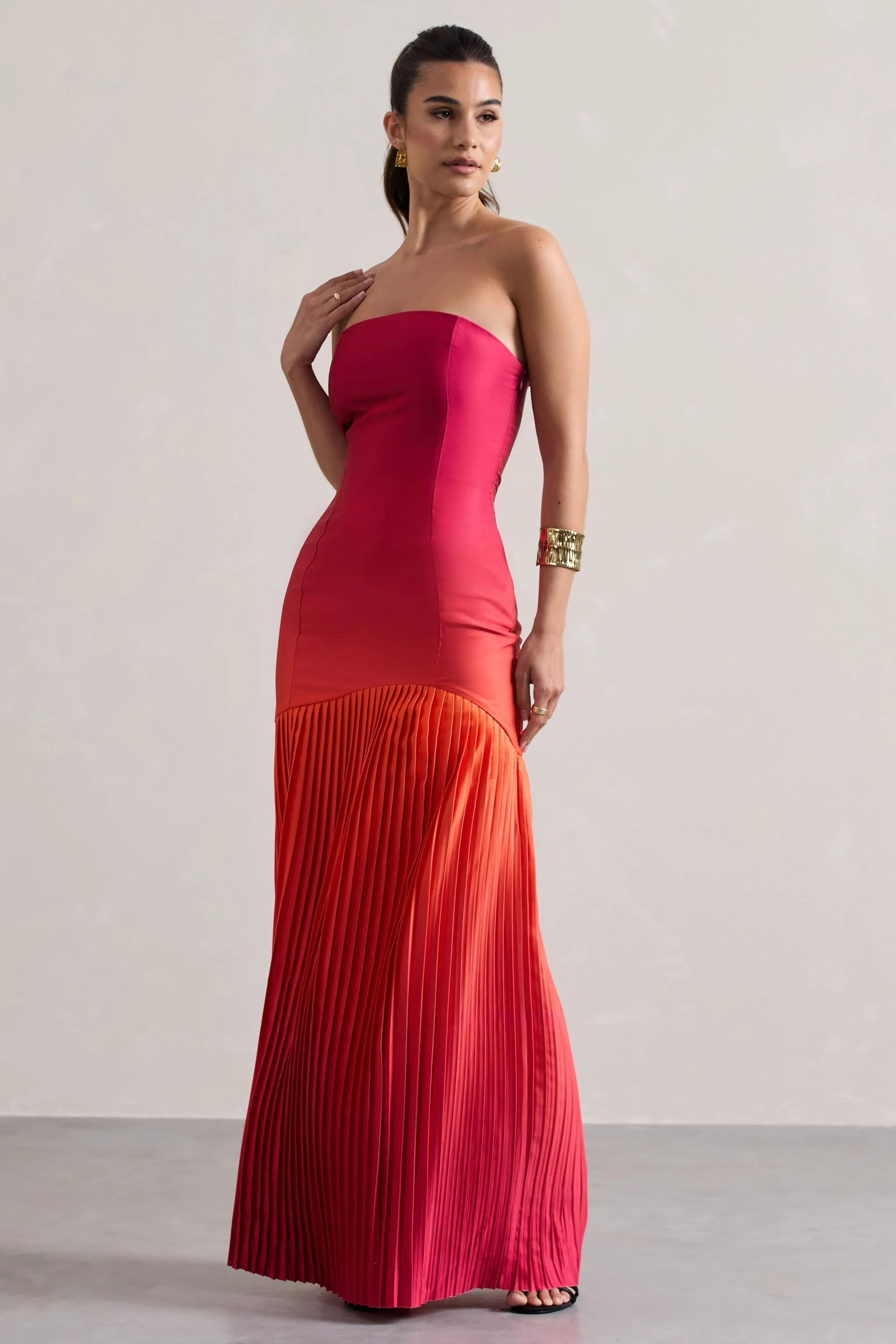 California | Pink & Orange Ombre Bandeau Plisse Maxi Dress