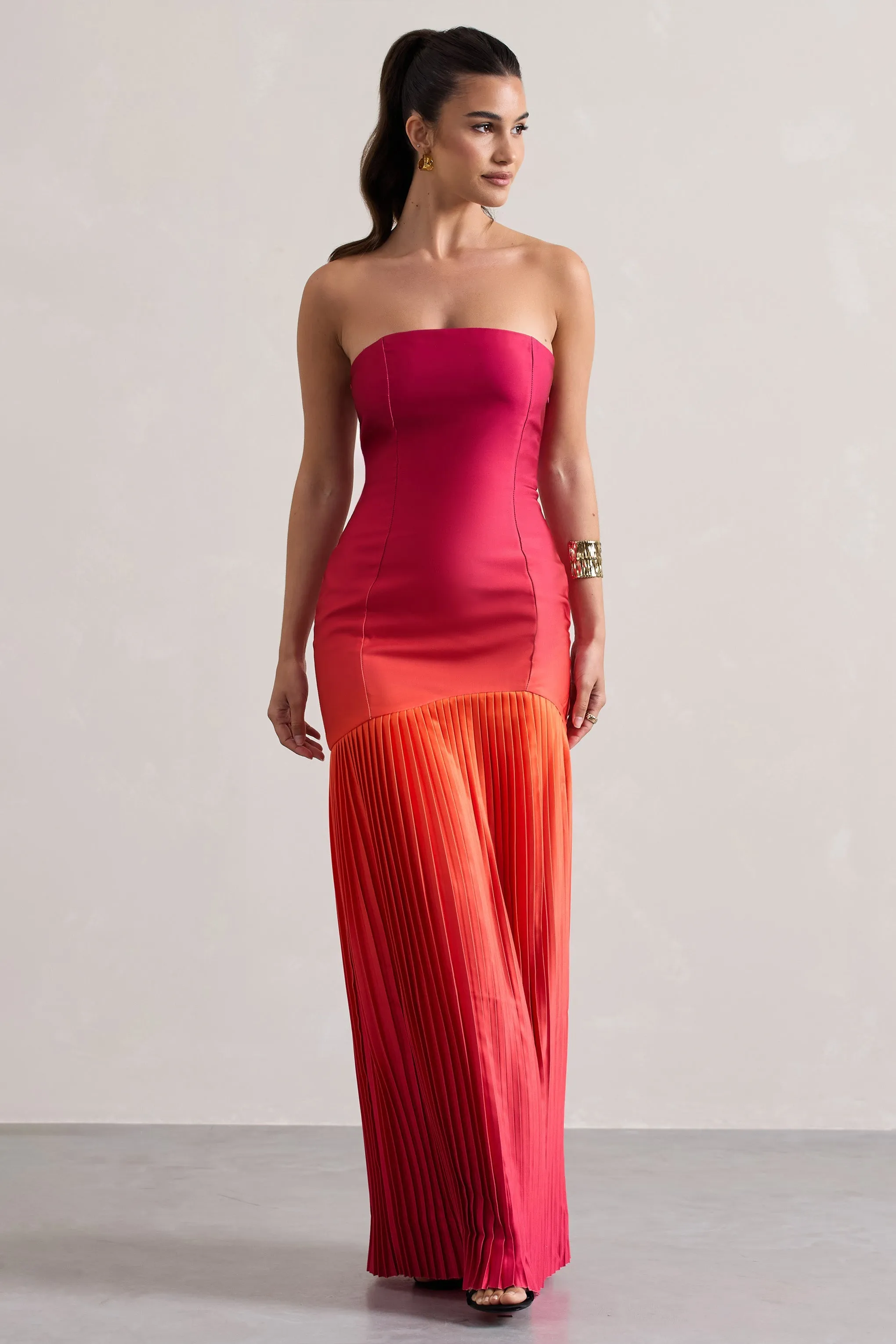 California | Pink & Orange Ombre Bandeau Plisse Maxi Dress