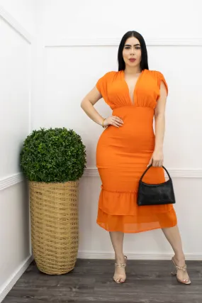 Deep V Rushed Ruffled Trimmed Midi Dress Orange