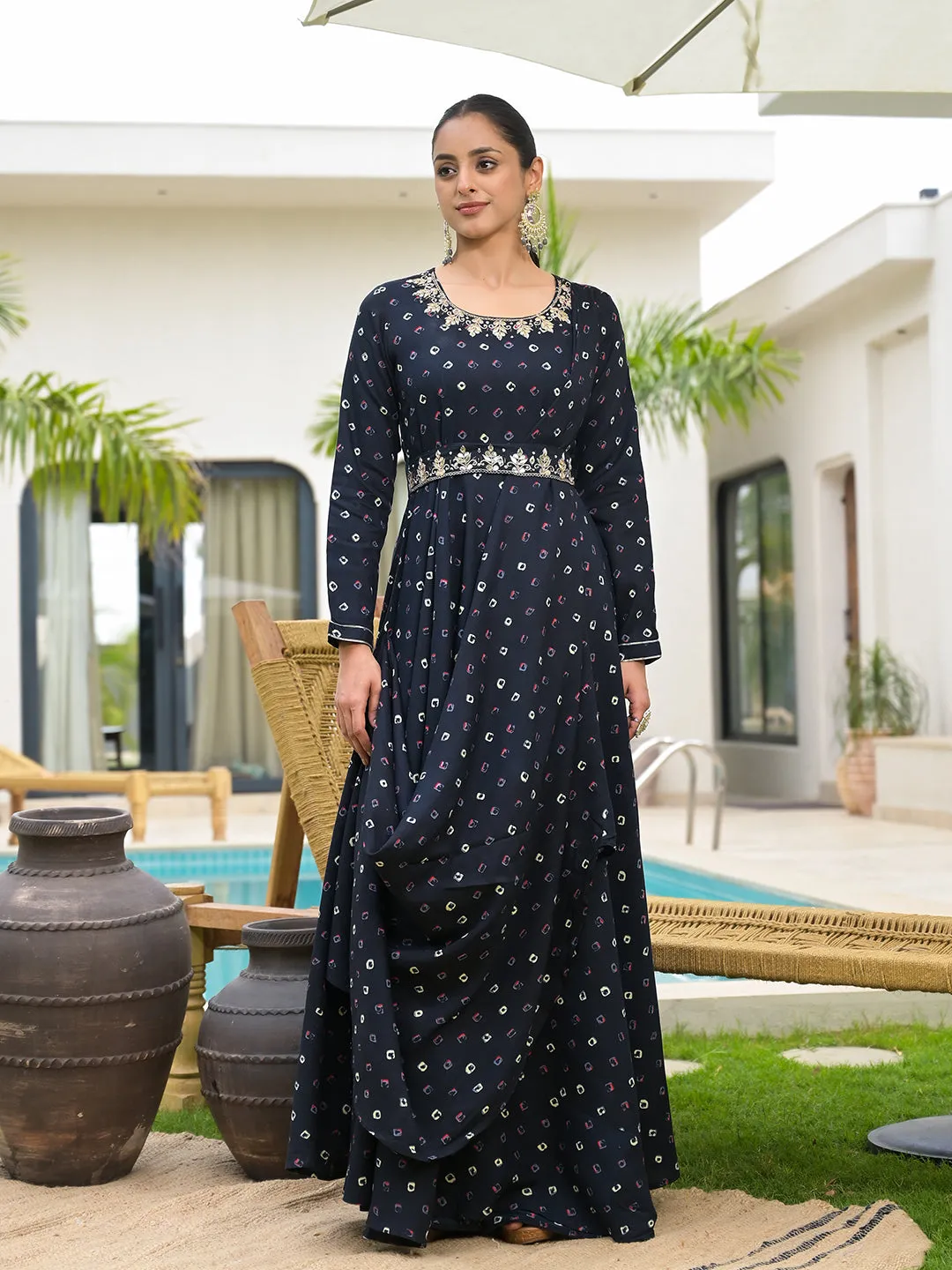 Divena Navy Blue Bandhani Print Flared Long Dress with Belt