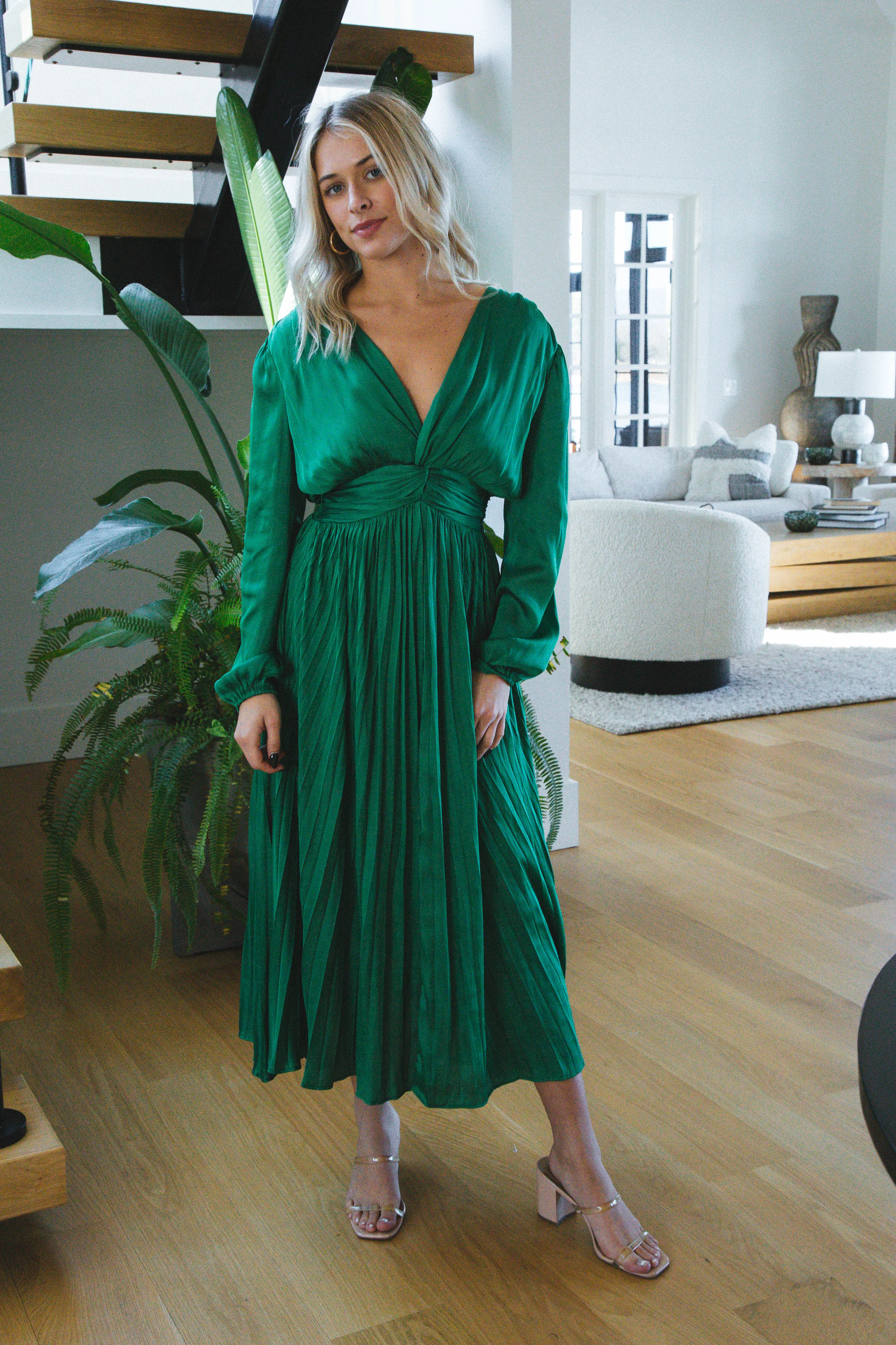 Elina Satin Dress, Kelly Green