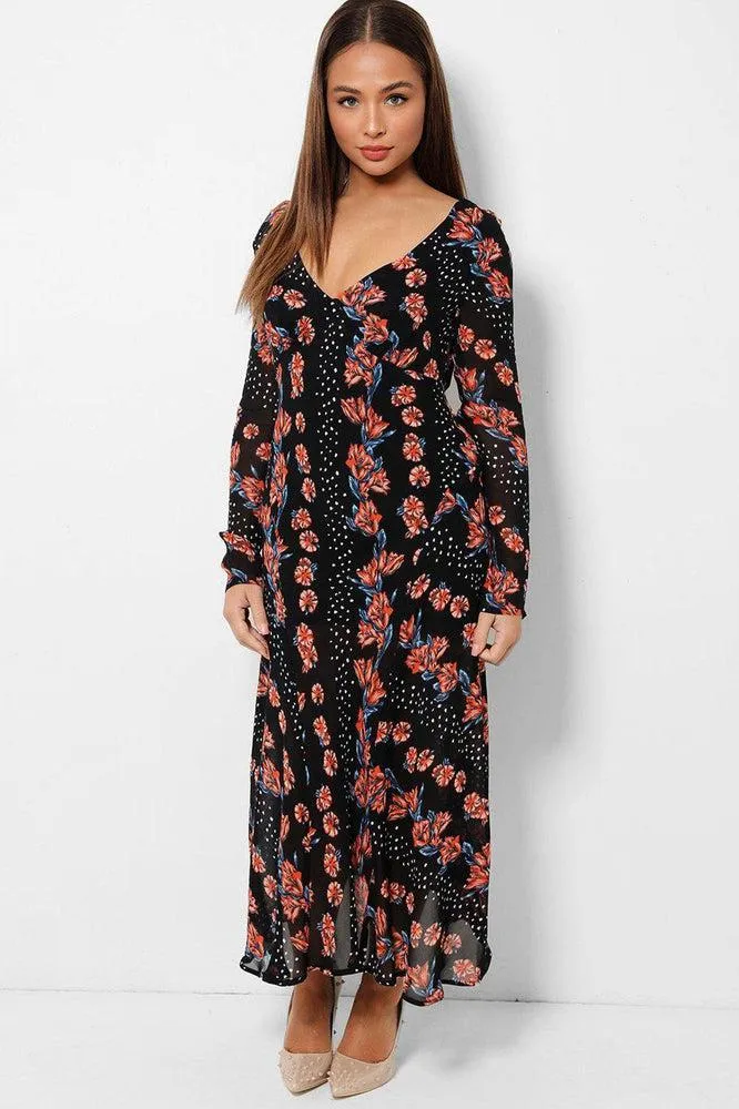 Floral Print Black V-Neck Chiffon Maxi Dress