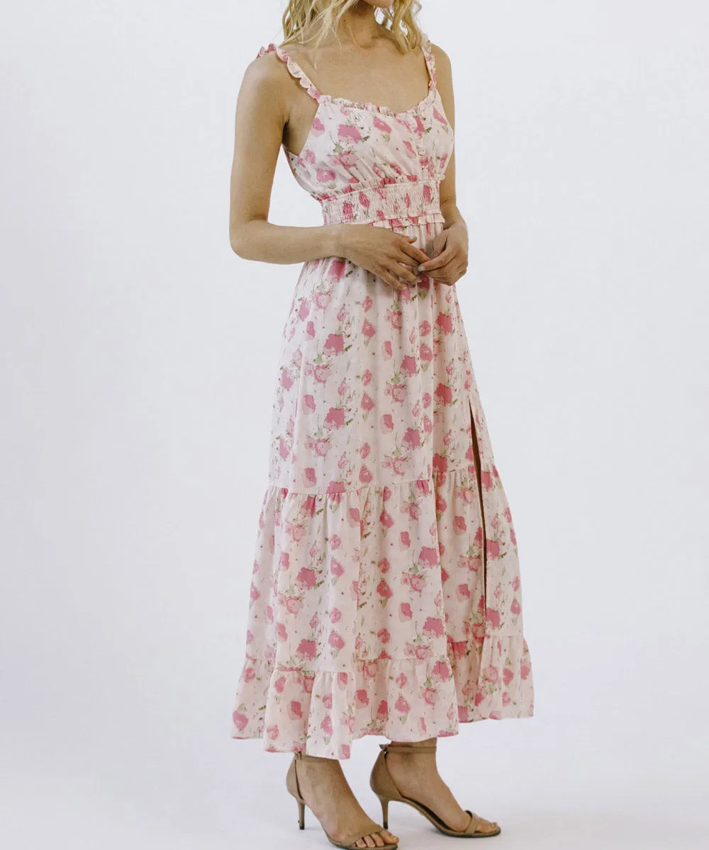 Floral Print Sleeveless Dress with Slit - Pink Floral