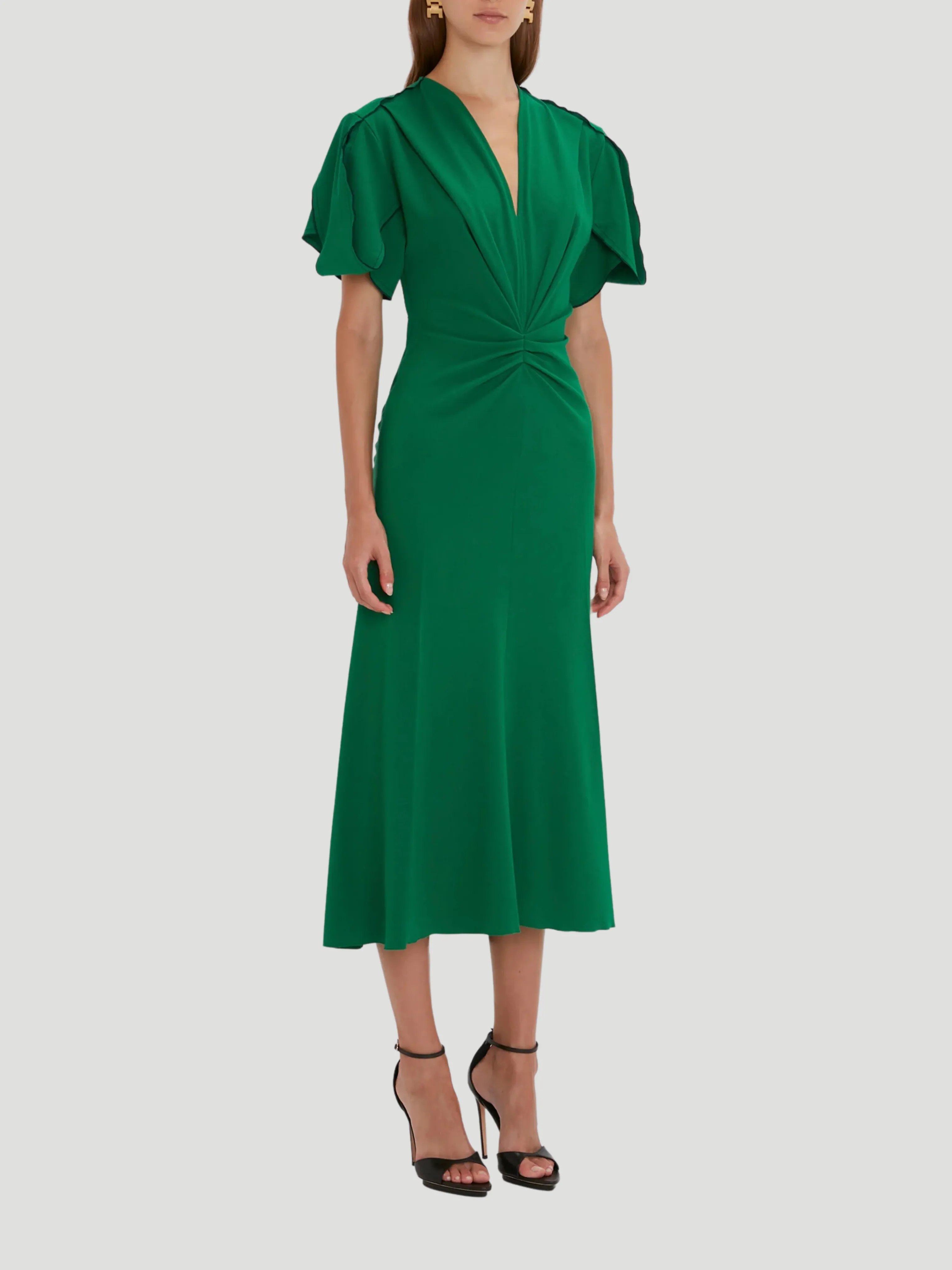 Gathered V-Neck Midi Dress