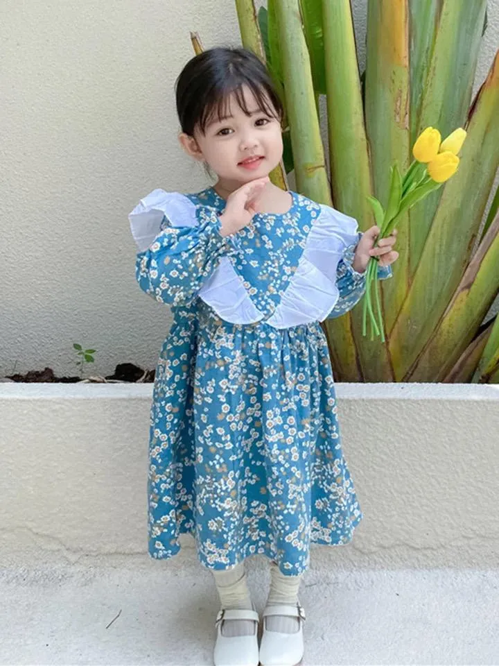 Girls Korean Fashion Ruffles Patchwork Floral Dresses 5-6 Y X6872306