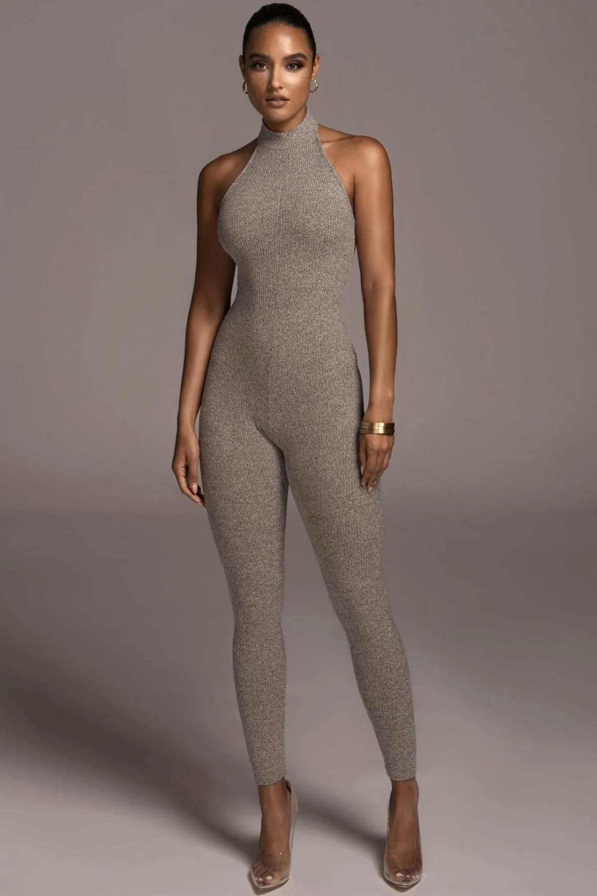 Grey Backless Halter Jumpsuit