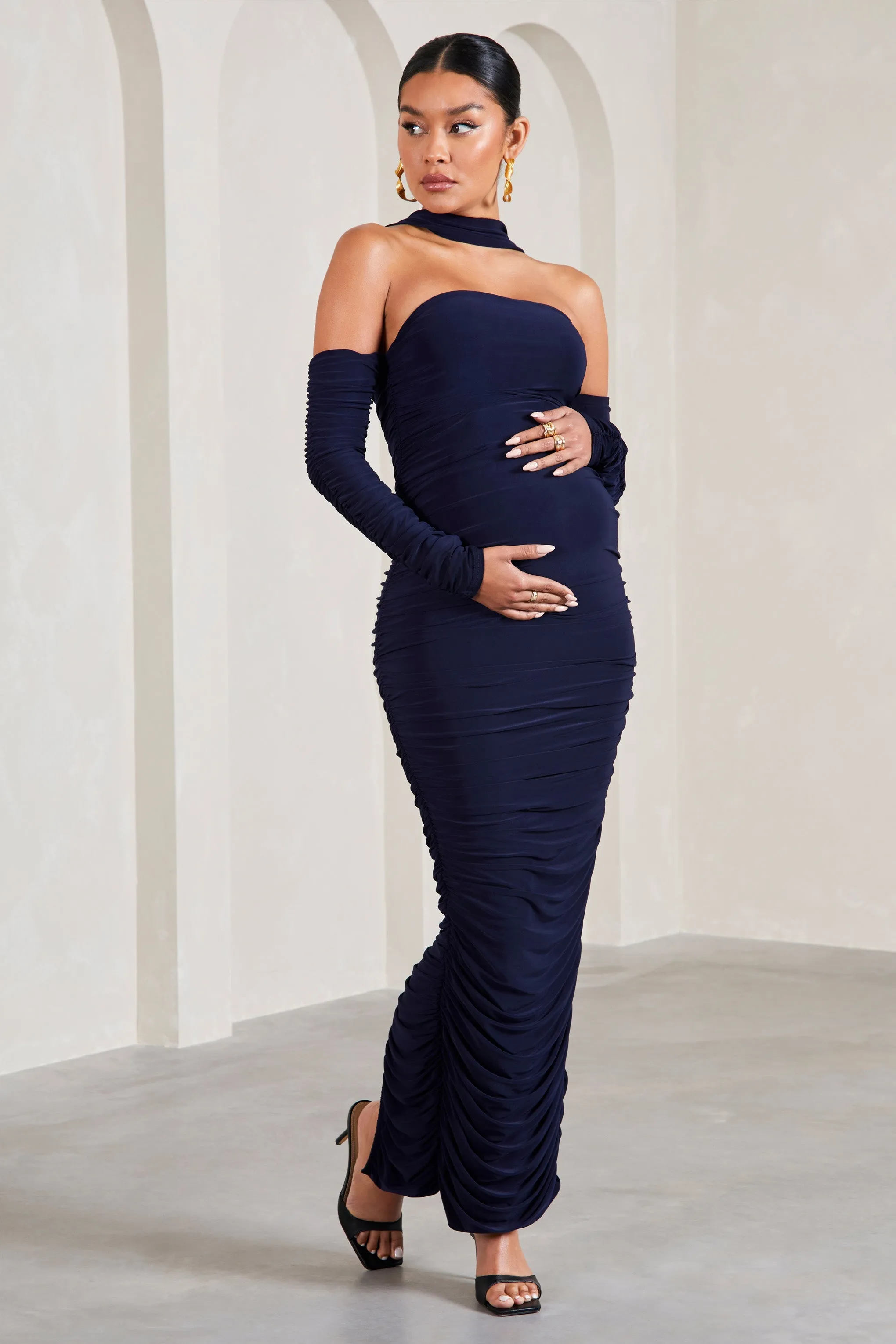 Joy | Navy Ruched Long-Sleeved Maternity Maxi Dress With Halter Collar