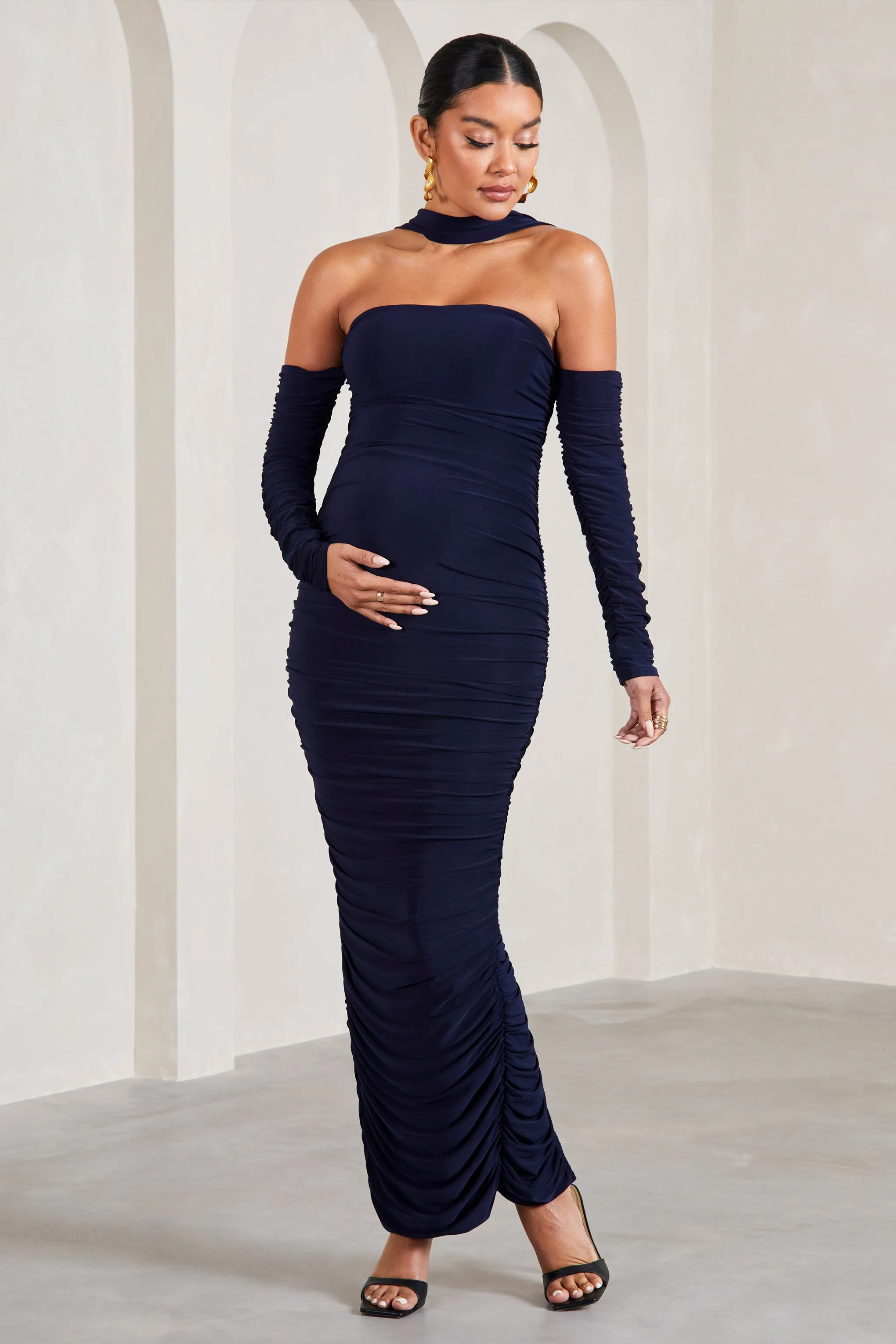 Joy | Navy Ruched Long-Sleeved Maternity Maxi Dress With Halter Collar