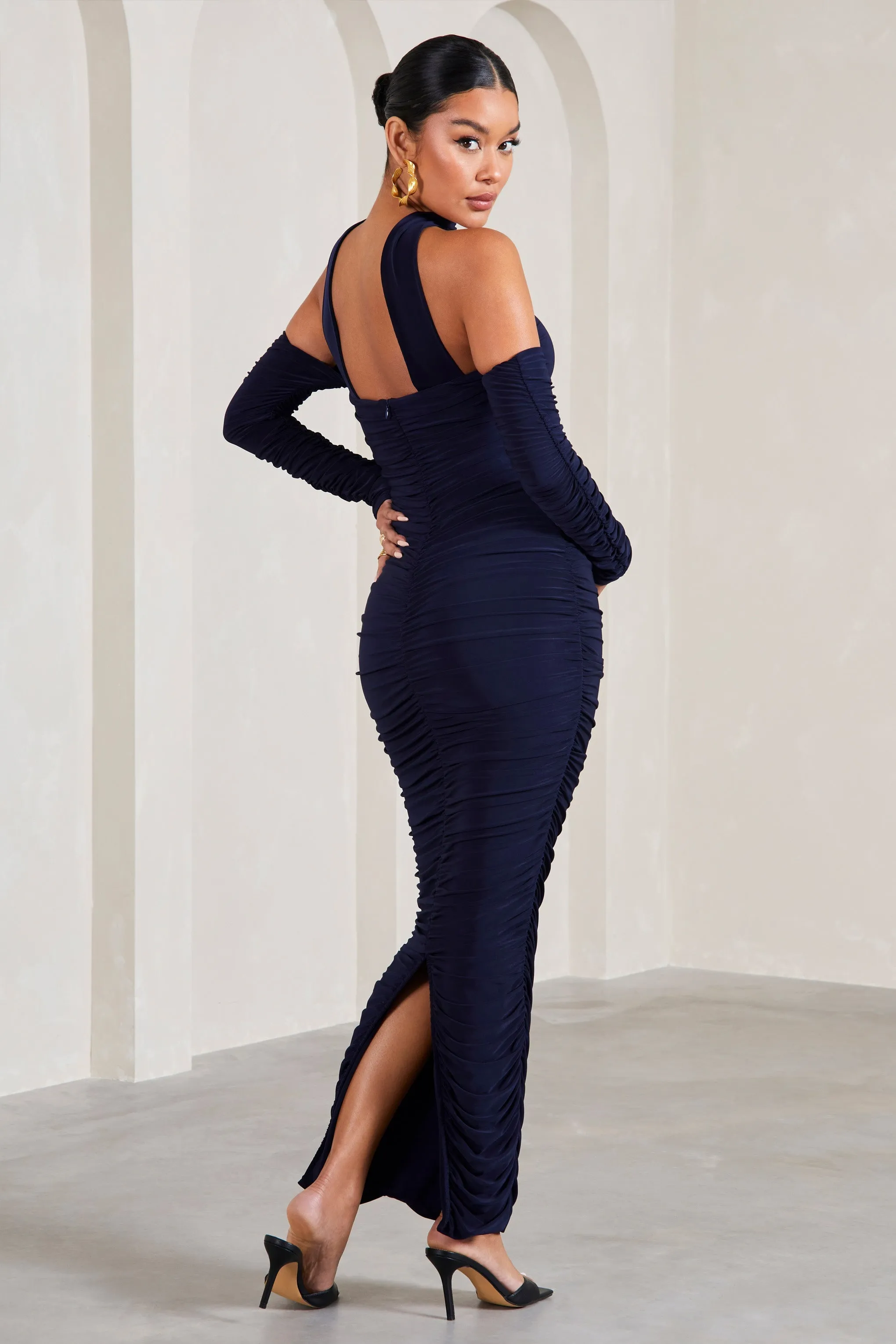 Joy | Navy Ruched Long-Sleeved Maternity Maxi Dress With Halter Collar