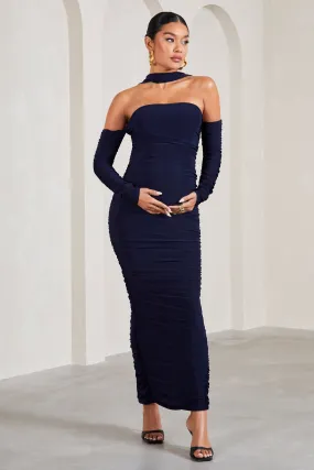 Joy | Navy Ruched Long-Sleeved Maternity Maxi Dress With Halter Collar