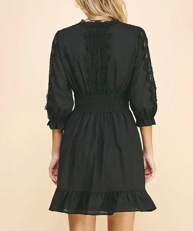 Lace Trim Detail Mini Dress - Black