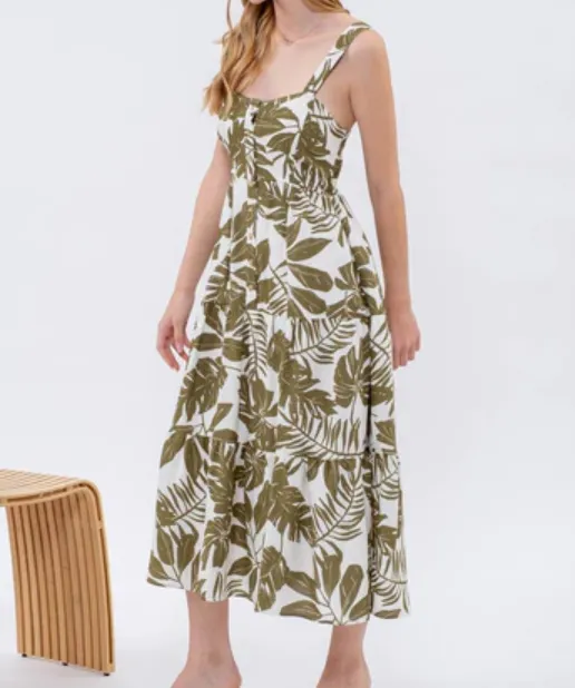 Leaf Print Midi Dress - Olive