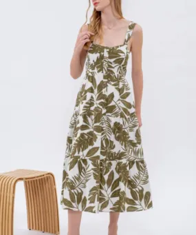 Leaf Print Midi Dress - Olive