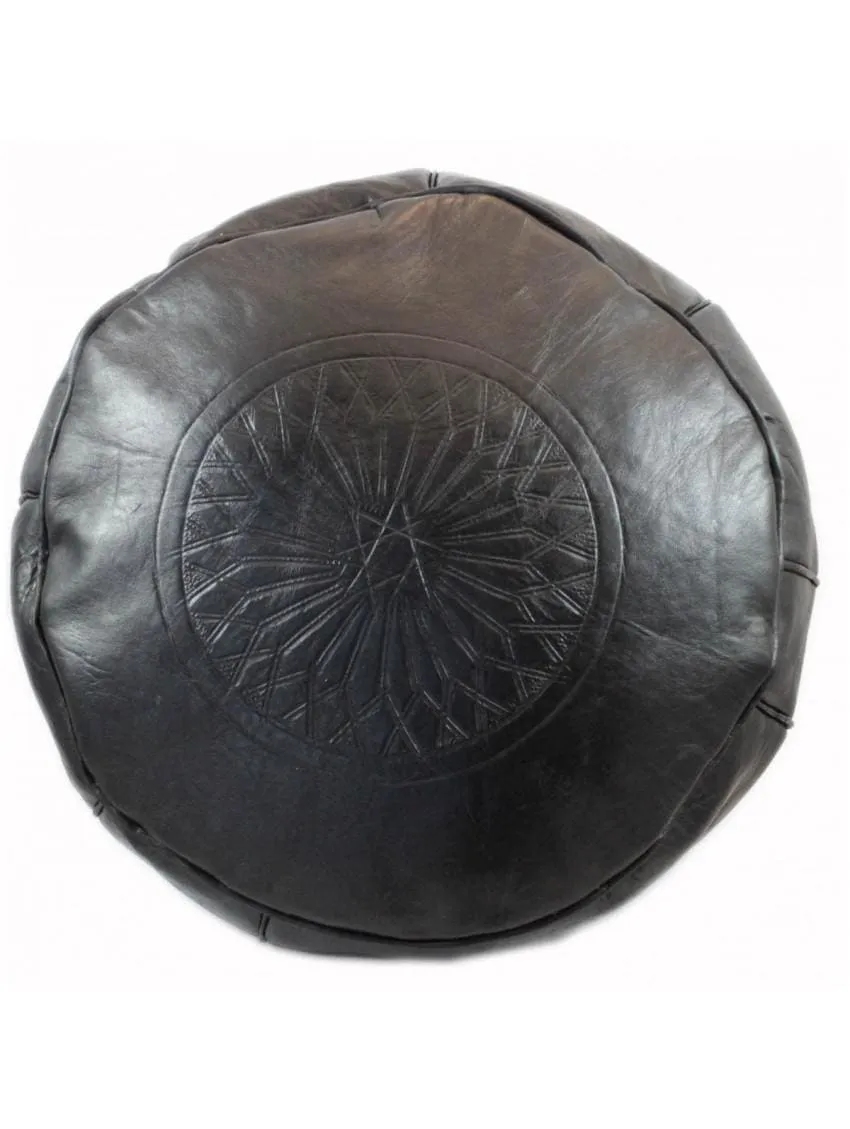 Moroccan Leather Ottoman - Black Tabouret Pouf