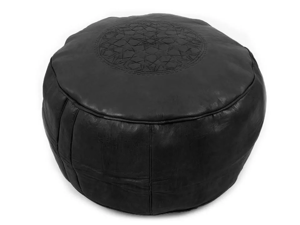 Moroccan Leather Ottoman - Black Tabouret Pouf