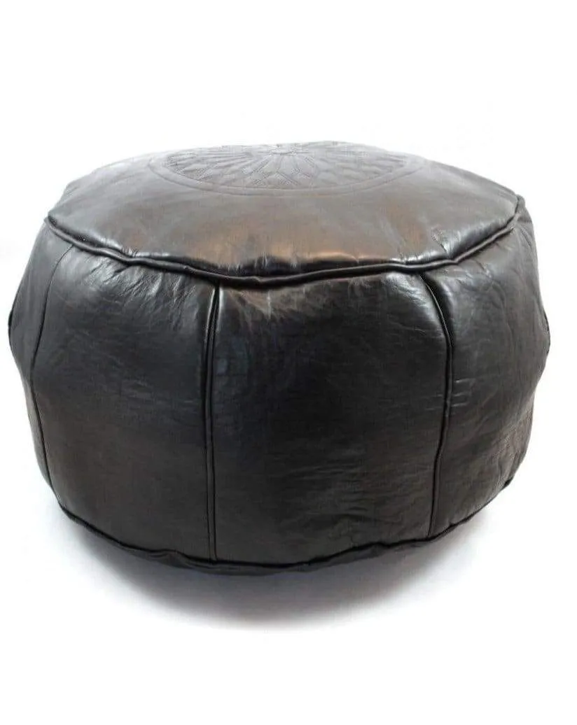 Moroccan Leather Ottoman - Black Tabouret Pouf