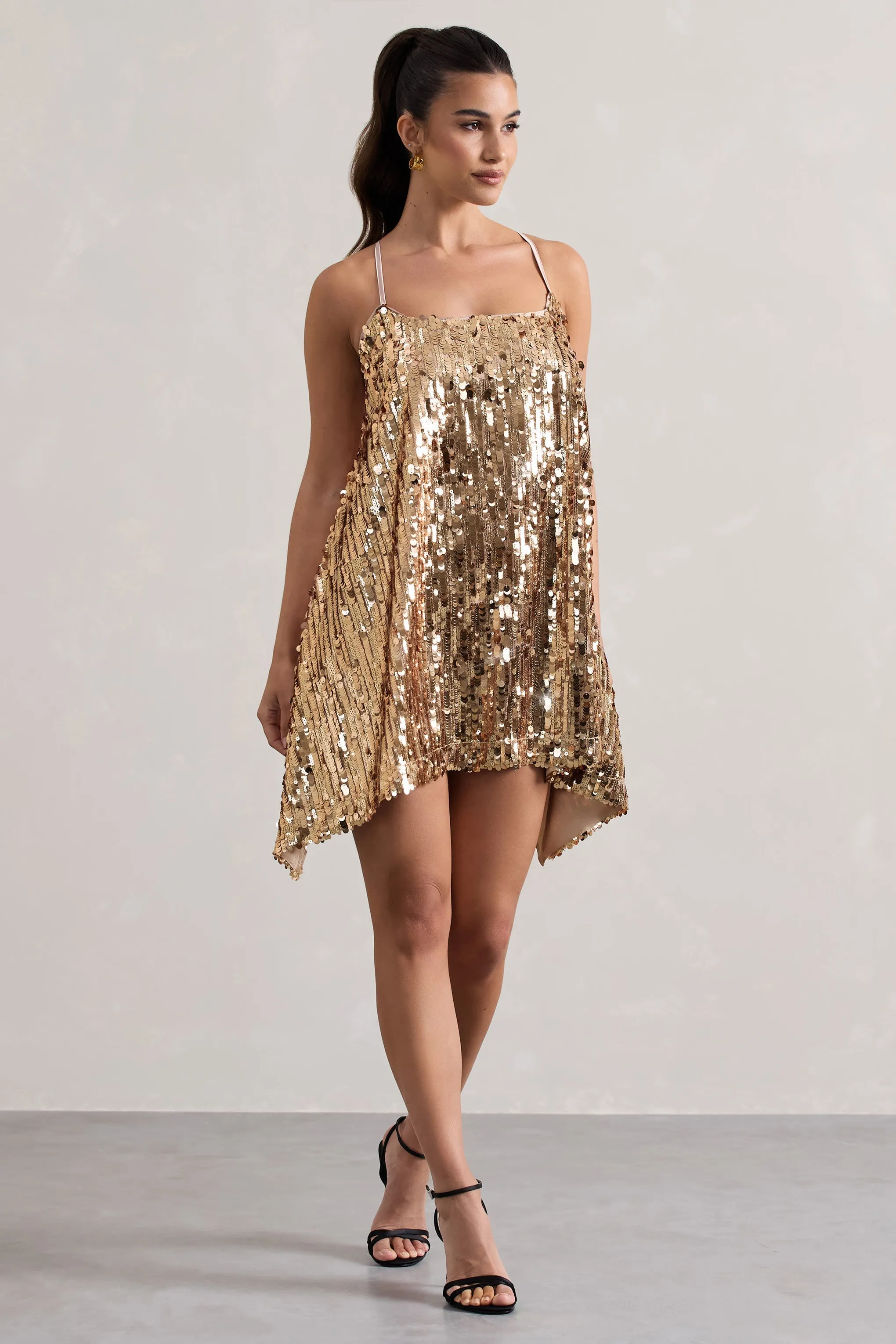 Nevada | Gold Embellished Strappy Halter-Neck Mini Dress