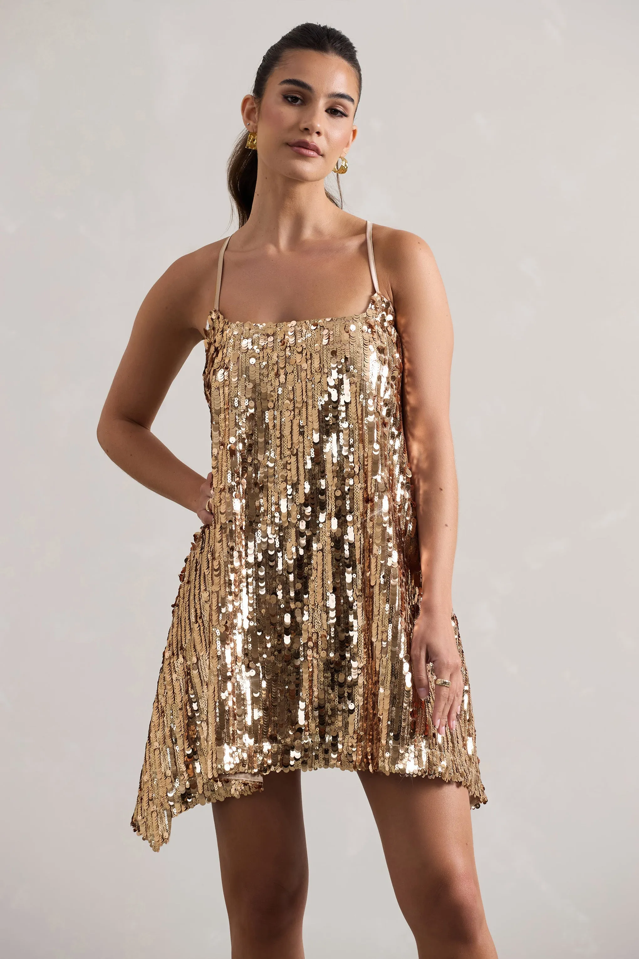 Nevada | Gold Embellished Strappy Halter-Neck Mini Dress