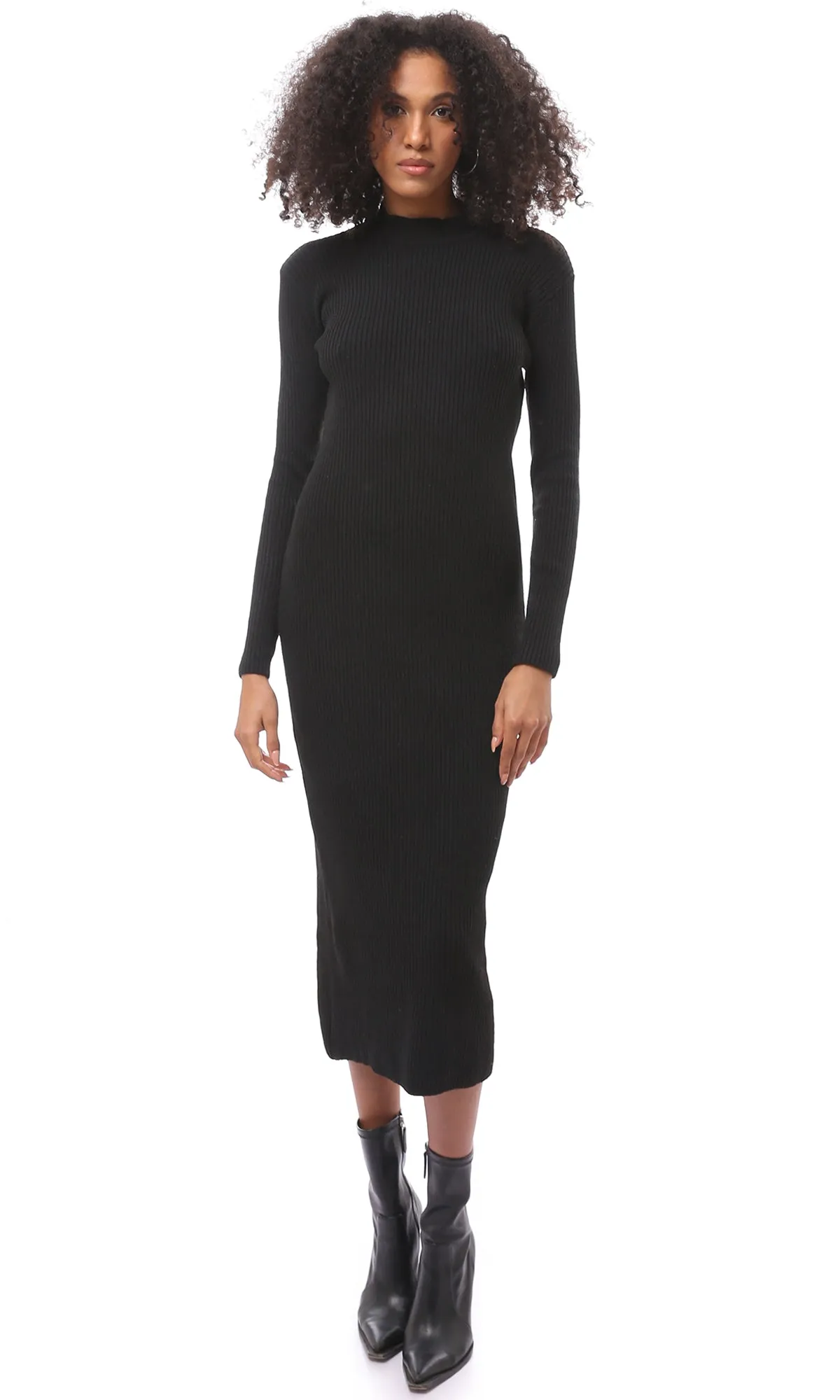 O172553 Black Ribbed Long Sleeves Winter Midi-Dress