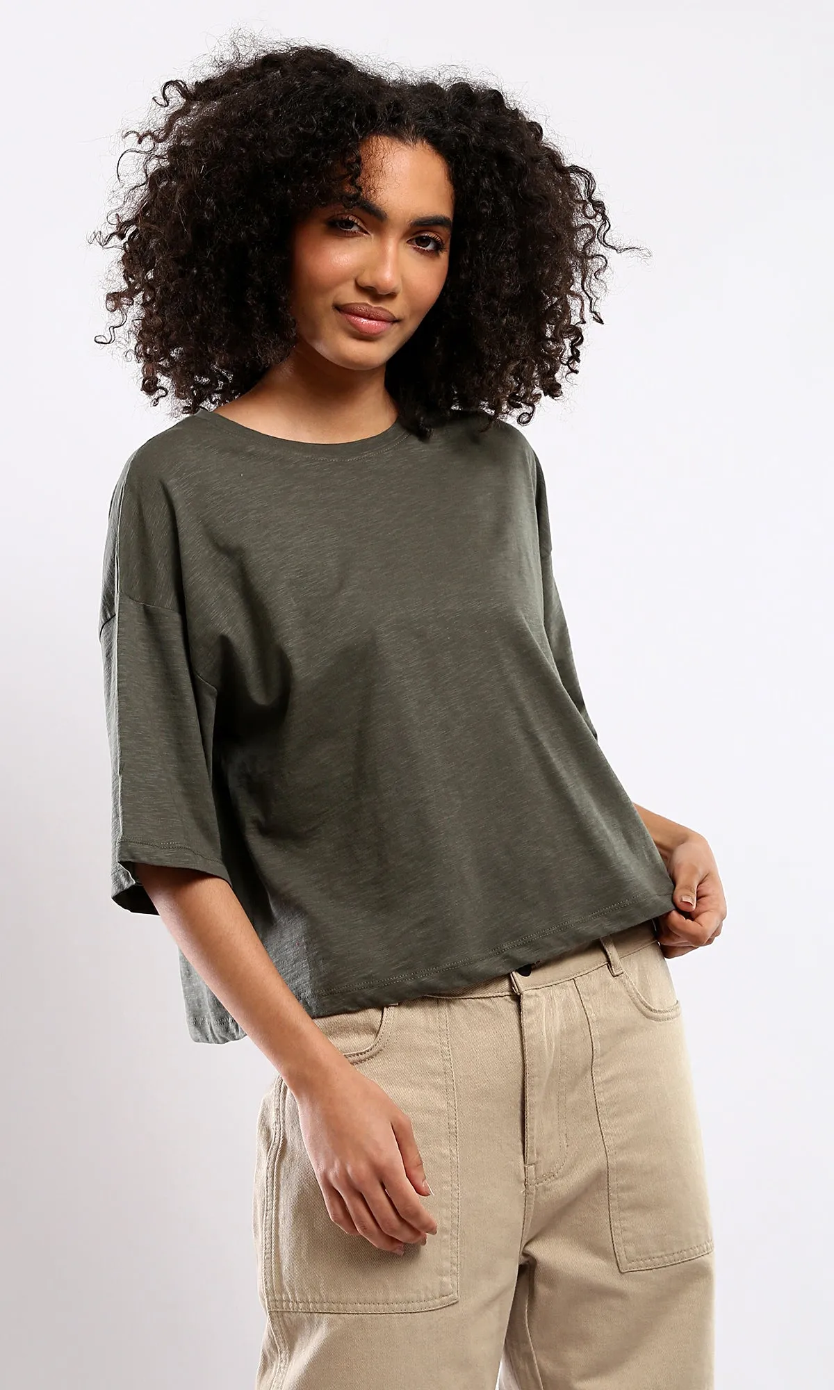 O179808 Heather Dark Olive Relaxed Fit Summer Tee